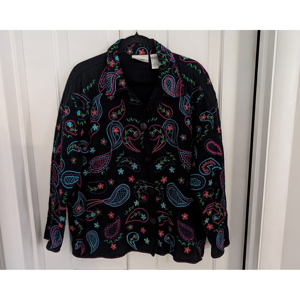 Vintage Embroidered Linen Blend Jacket SIZE 2X Cottagecore Floral Button Up‎